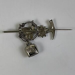 Vintage Alpine Deer Bell Brooch Edelweiss Folk Trachten Hat Pin Silver Tone